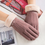 New Winter Female Lace Warm Cashmere Three Ribs Cute Bear Mittens Double thick Plush Wrist Women Touch Screen Driving Gloves 81C