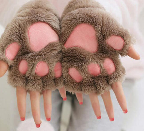 New Women Cute Cat Claw Paw Plush Mittens Warm Soft Plush Short Fingerless Fluffy Bear Cat Gloves Costume Half Finger Party Gift