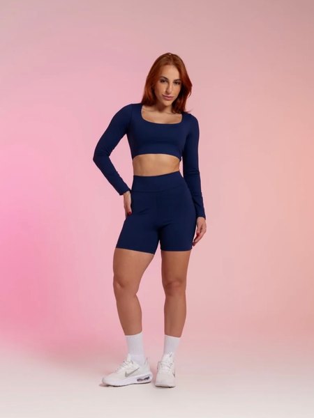 Conjunto Cropped Manga Longa + Shorts Marinho